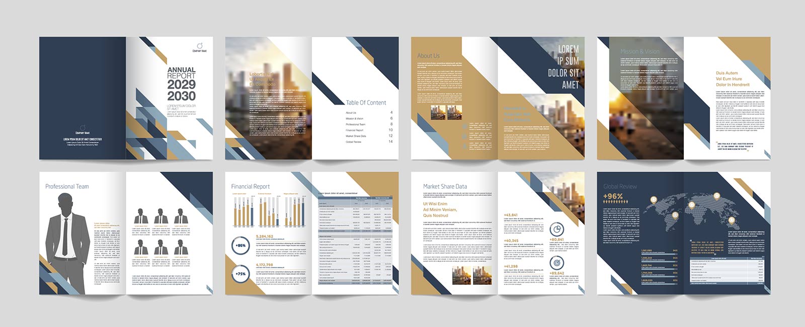 A set of annual report spreads on a grey background.