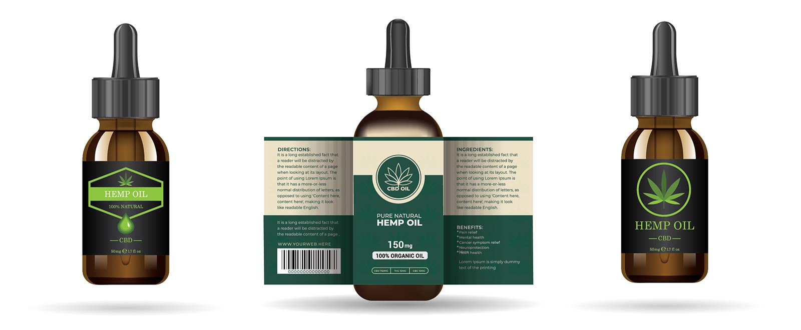 Three bottles of CBD oils with labels.