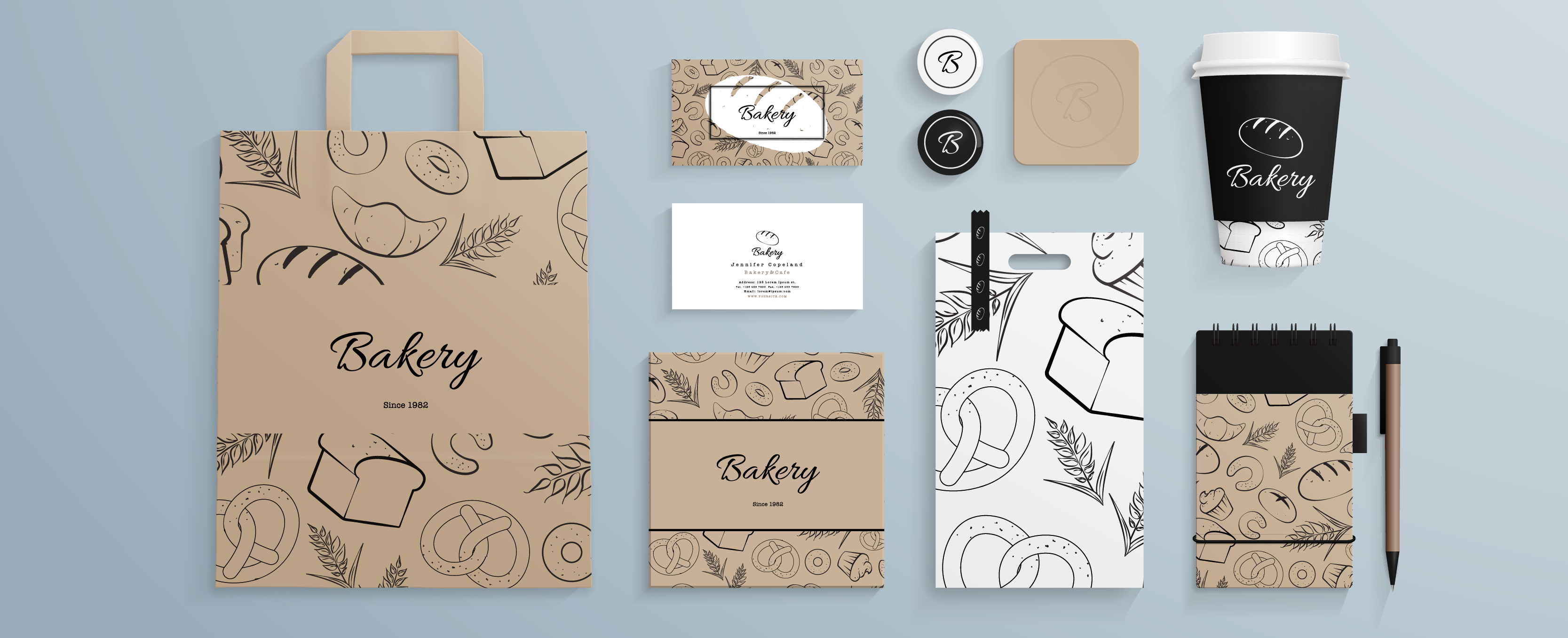A spread of branded packaging products for a bakery.